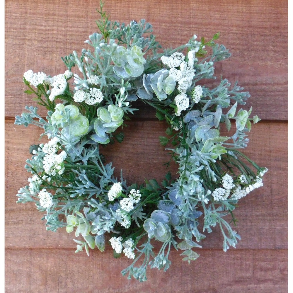 Dusty Miller Mini Wreath, Eucalyptus, White Flowers, Candle Ring